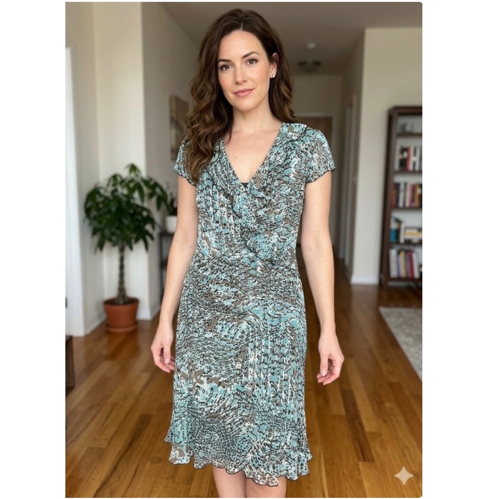 JBS Ruffle Midi Dress Womens 10 Teal Brown Feminine Animal Print V-Neck Y2K Boho
